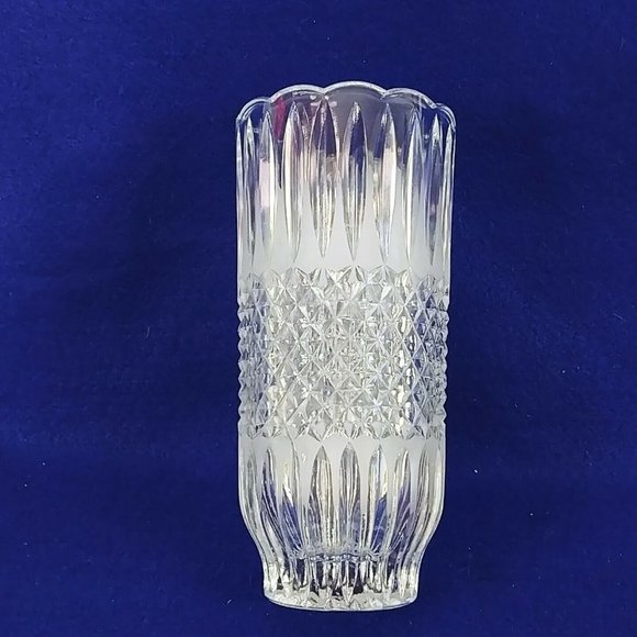 Vase Pressed Glass Diamond Cut Frosted Ridge Pattern Scalloped Rim 8.25" Tall - Picture 6 of 10